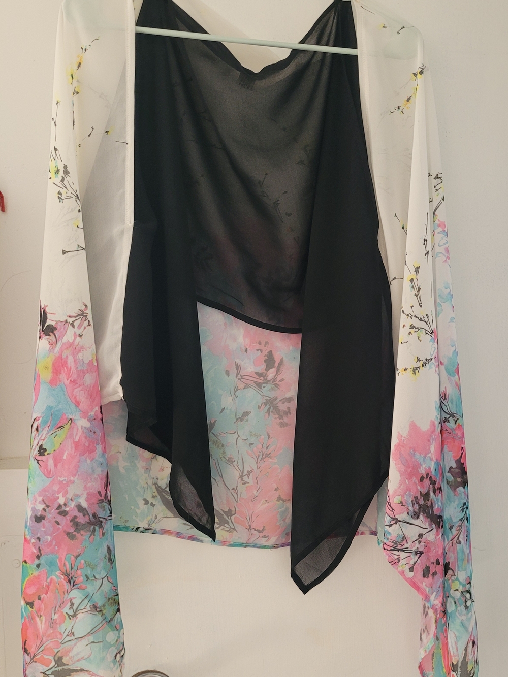 Sheer Floral Kimono Cover-Up in Black, Pink, Aqua